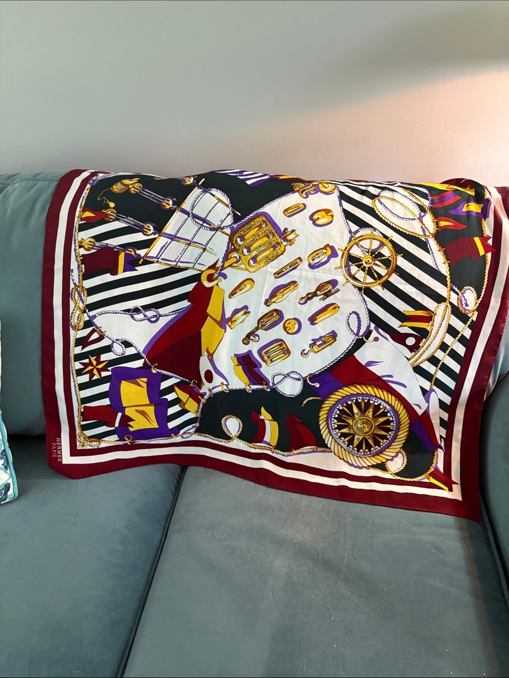 Hermes Silk Scarf in Burgundy, Black, White, Gold, Purple - Picture 6 of 6